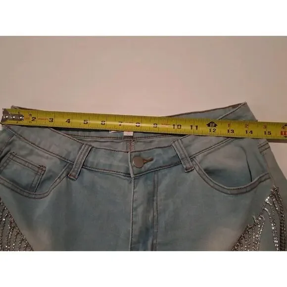 Hot & Delicious Rhinestone Fringe Denim Shorts Icy GRL Light Wash Medium... - Picture 7 of 7